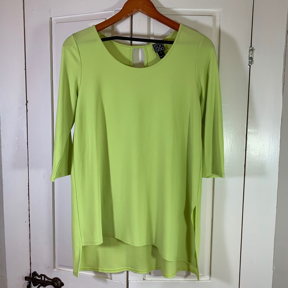 Clara Sun Woo Lime Green Tunic Small Made USA Stretch Asymmetric Hem Chartreuse